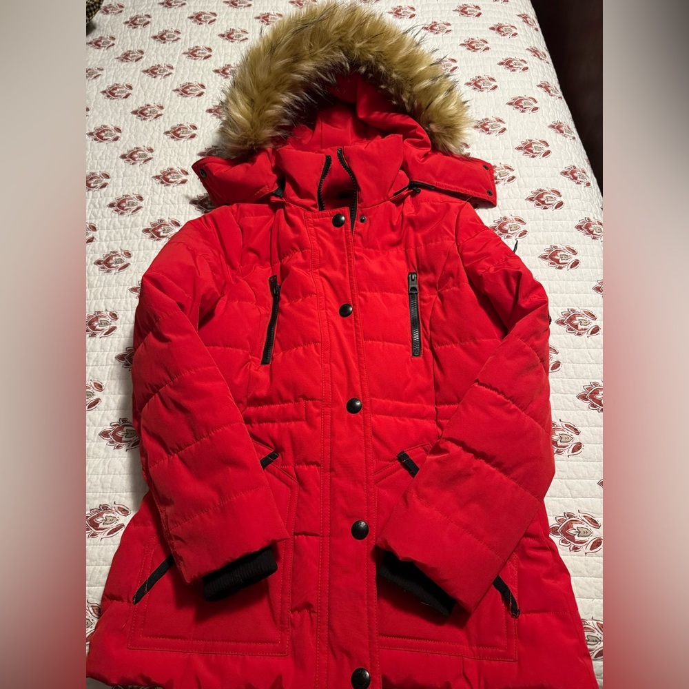 Guess Red Puffer Jacket with Faux Fur